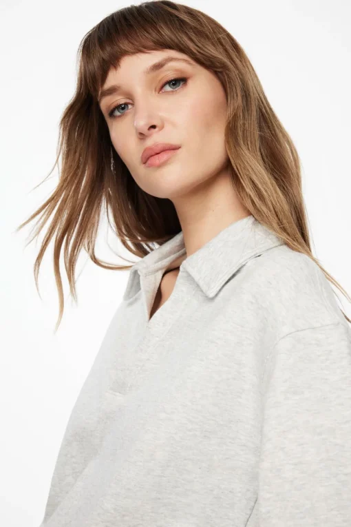 Dynamite French Terry Polo Sweatshirt Gray Clearance