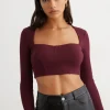 Dynamite Long Sleeve Ribbed Corset Top Burgundy New