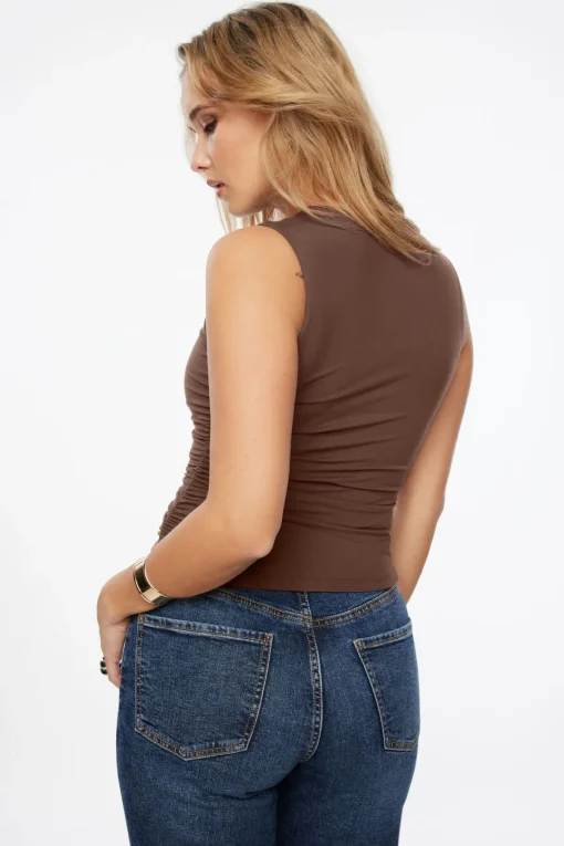 Dynamite Ruched Crewneck Top Brown Shop