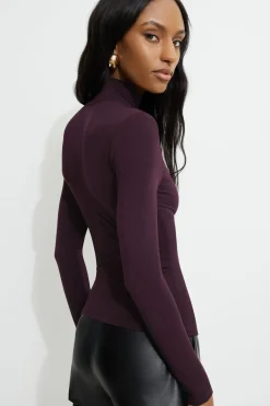 Dynamite Shoulder Pad Mock Neck T-Shirt Burgundy Best Sale